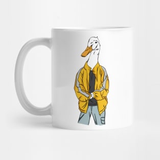 white duck on yellow trainee jacket Mug